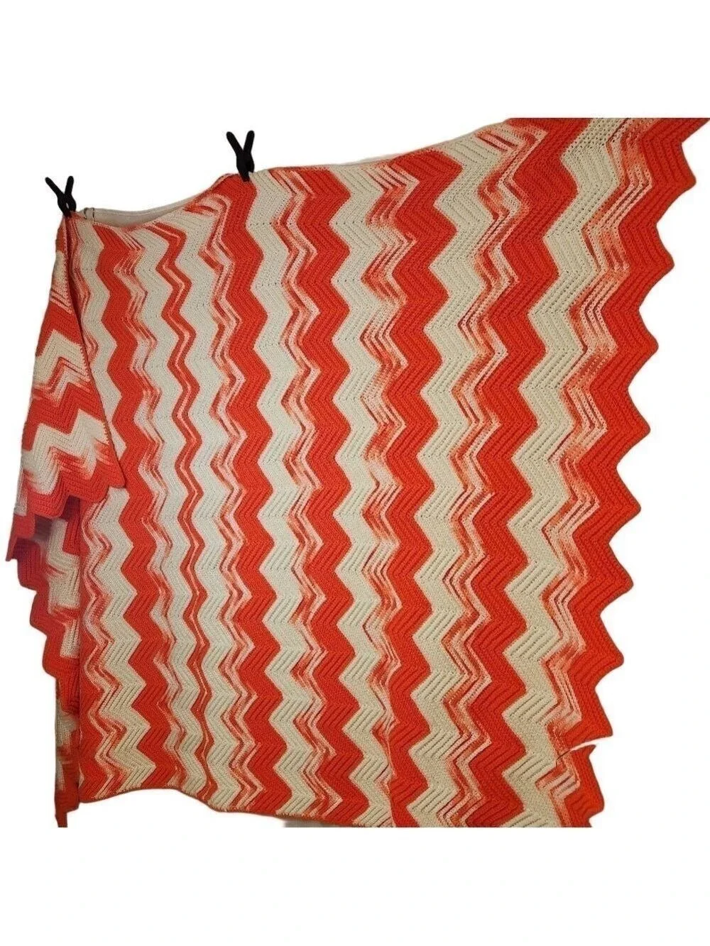 Vtg 70s XL Crochet Ripple Afghan Blanket 55x88 Bright Pink White Chevron Retro